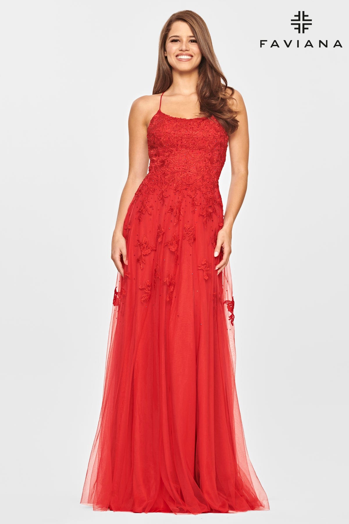 Scoop Neck Lace Ball Gown With Leg Slit And Corset Back | Faviana Scoop Neck Lace Ball Gown With Leg Slit And Corset Back | Faviana