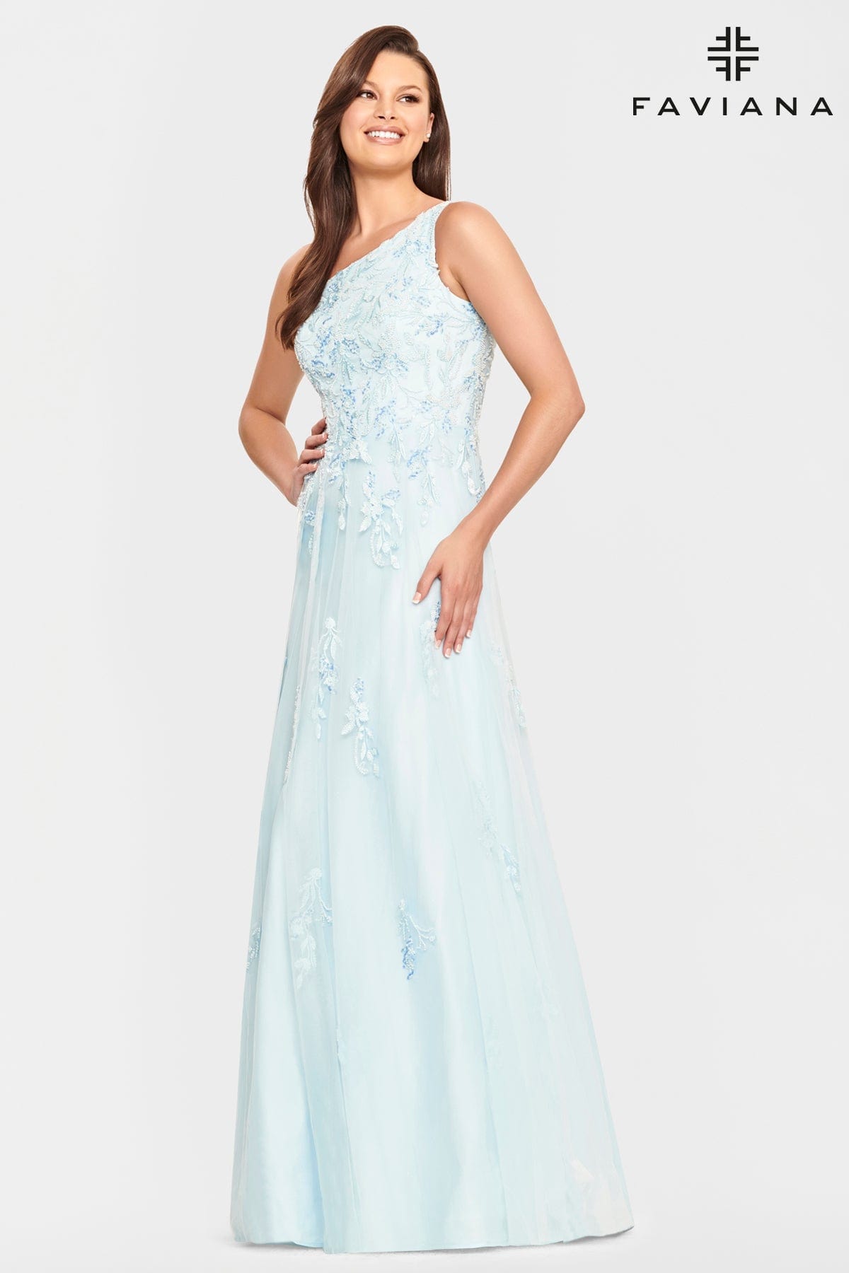 One Shoulder Ball Gown With Tulle And Beaded Applique | Faviana One Shoulder Ball Gown With Tulle And Beaded Applique | Faviana