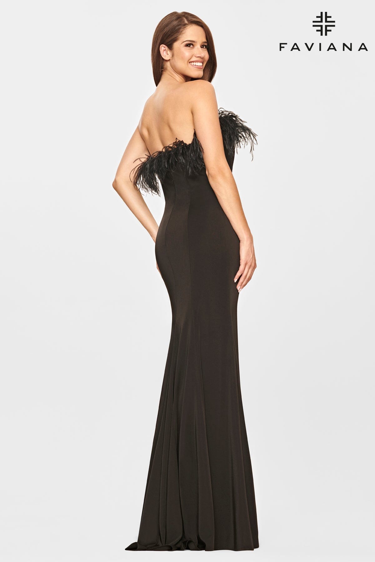 Feather Trim Black Dress With Leg Slit