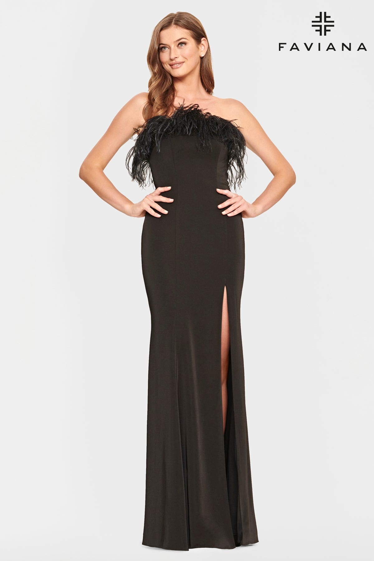 Feather Trim Black Dress With Leg Slit | Faviana Feather Trim Black Dress With Leg Slit | Faviana