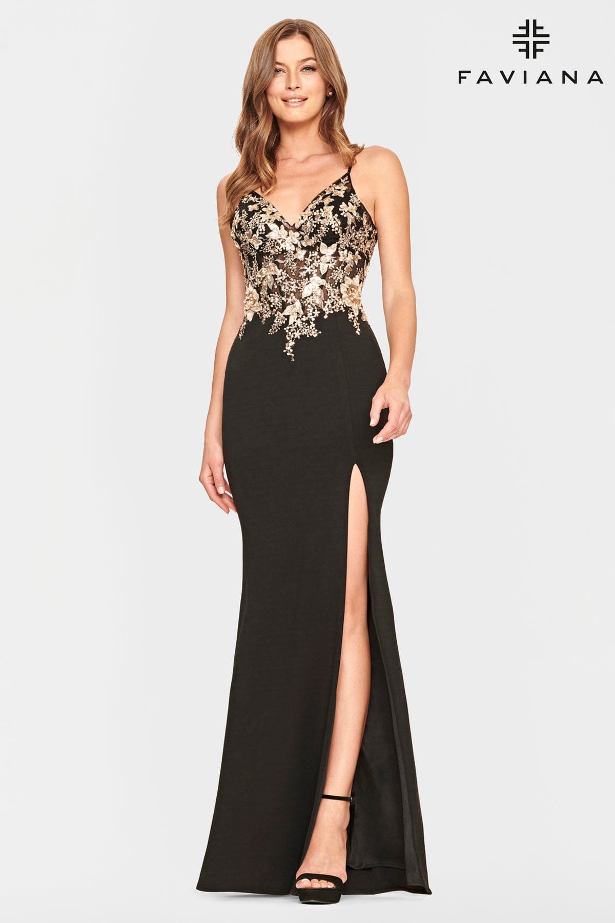 Corset Bodice Prom Dress With Gold Beaded Applique And V Neckline | Faviana Corset Bodice Prom Dress With Gold Beaded Applique And V Neckline | Faviana