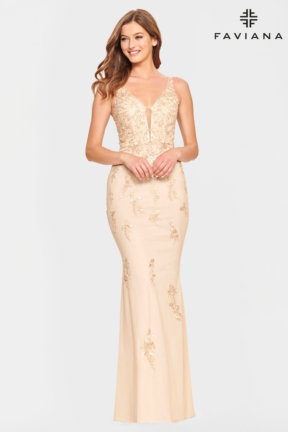 Long Tulle V Neck Dress With Beaded Applique On The Fabric | Faviana Long Tulle V Neck Dress With Beaded Applique On The Fabric | Faviana