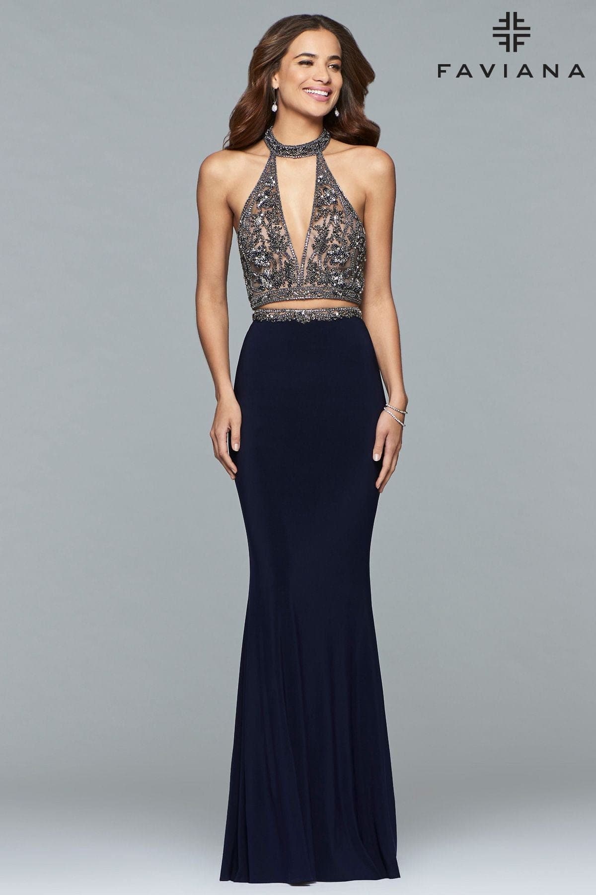 Two-Piece Long Jersey Halter Dress With Beaded Bodice | Faviana Two-Piece Long Jersey Halter Dress With Beaded Bodice | Faviana