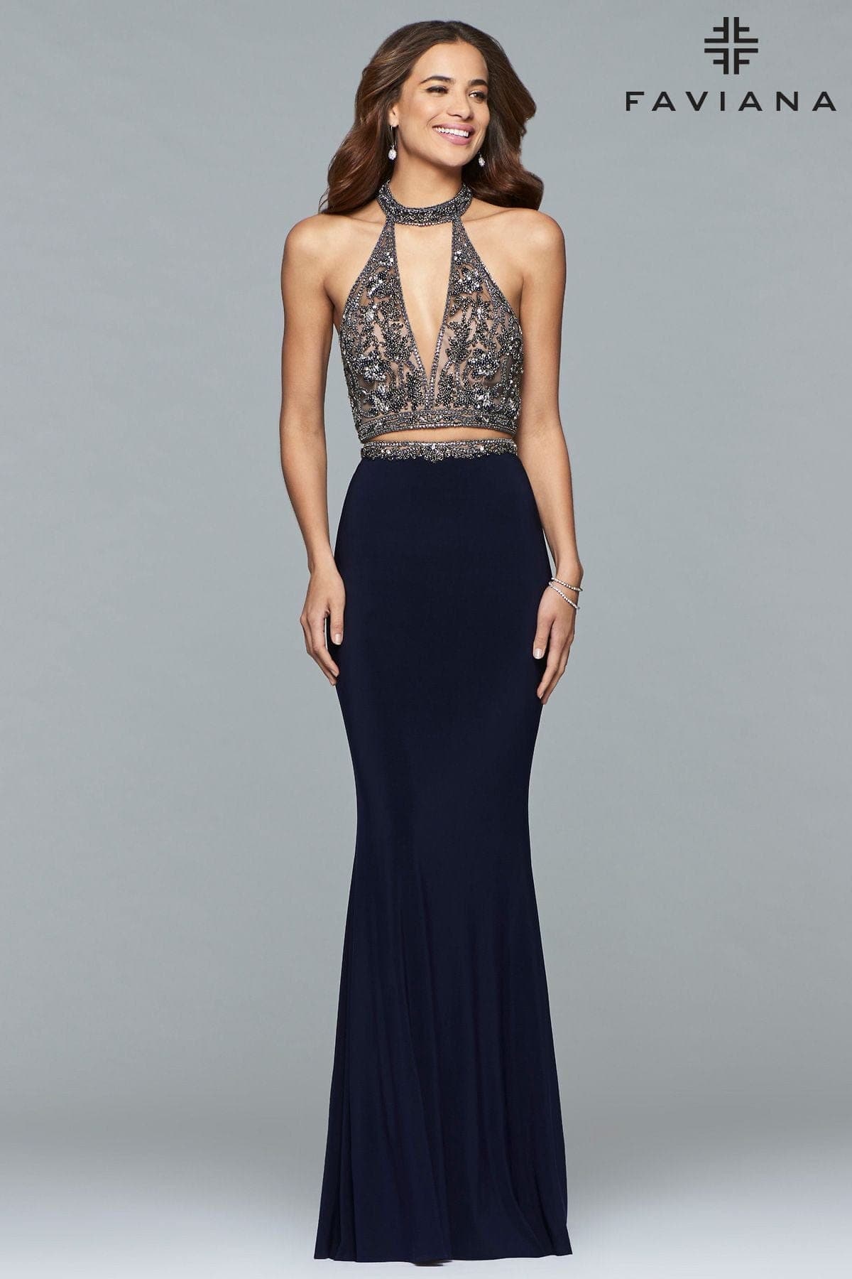 Two-Piece Long Jersey Halter Dress With Beaded Bodice