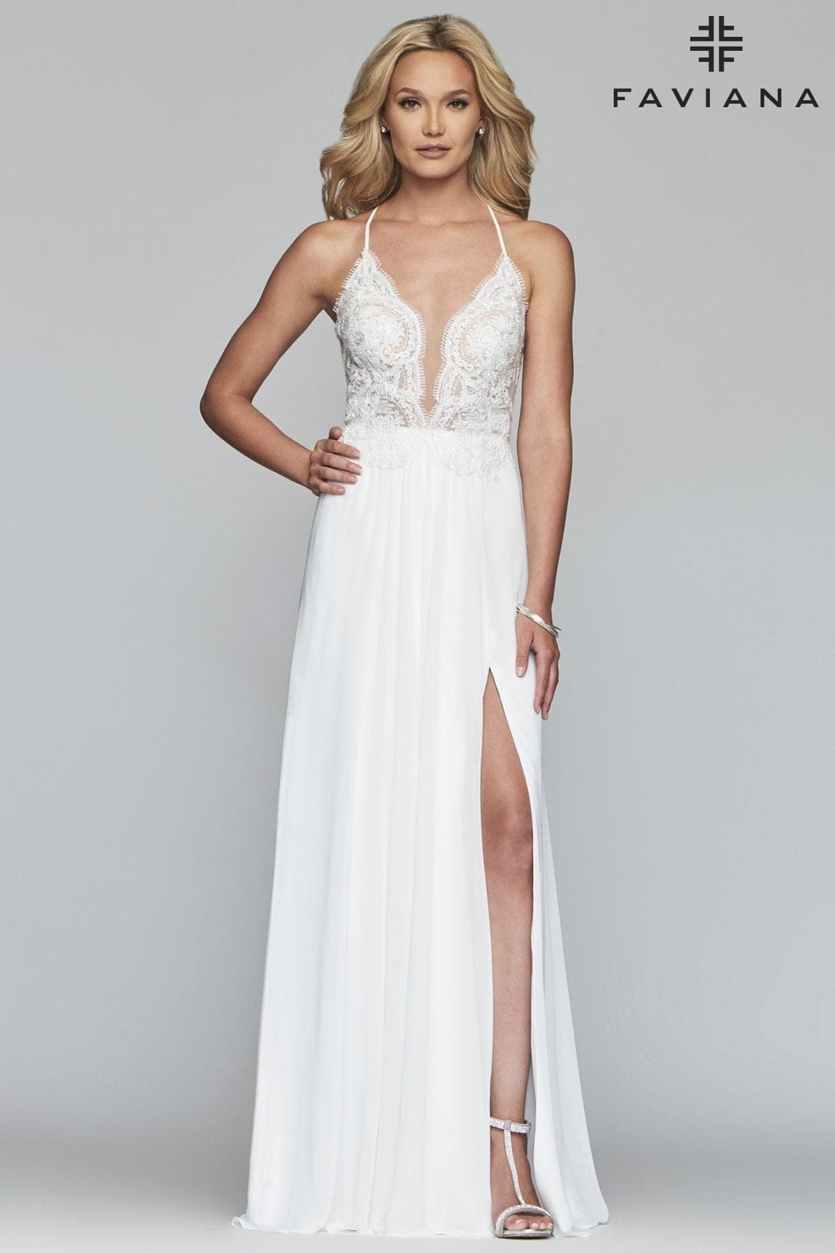 V Neck Long Chiffon Dress With Beaded Lace Applique Bodice