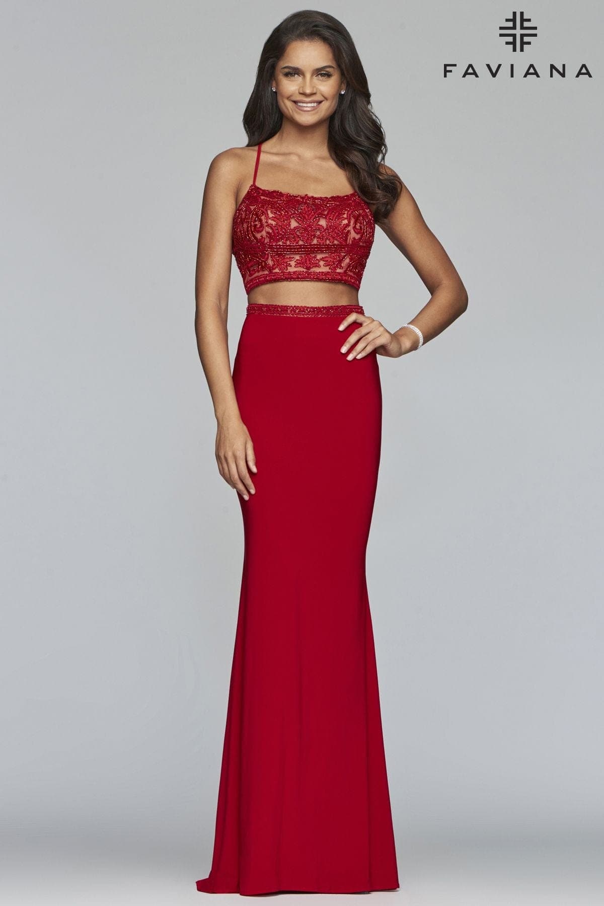 Two Piece Jersey Dress With Scoop Neckline And Beaded Applique | Faviana Two Piece Jersey Dress With Scoop Neckline And Beaded Applique | Faviana