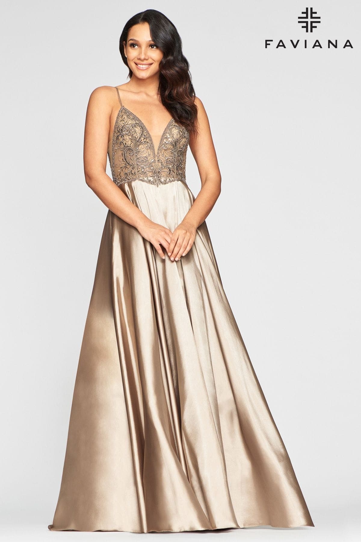 Long Charmeuse Dress With Applique And Sheer Cut Outs Long Charmeuse Dress With Applique And Sheer Cut Outs