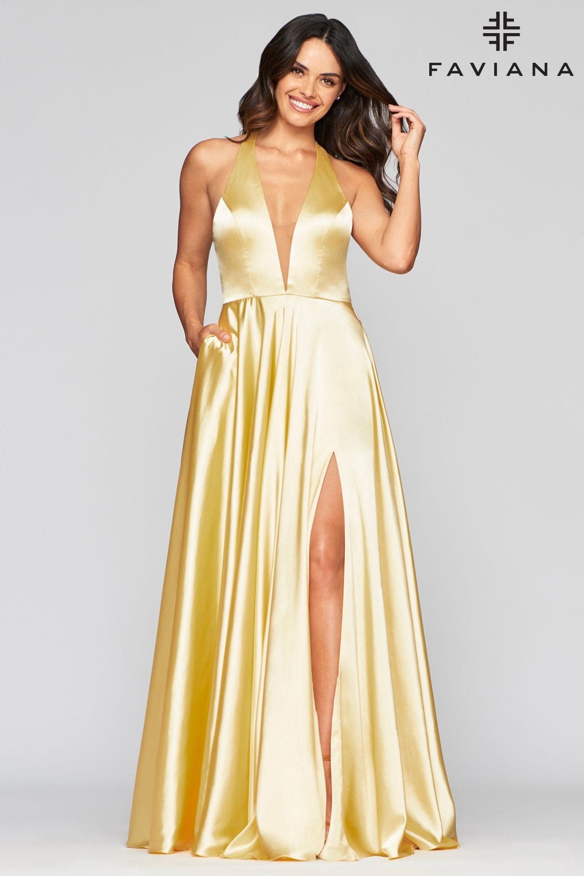 Flowy Deep V Neck Dress With Halter Neck And Pockets | Faviana Flowy Deep V Neck Dress With Halter Neck And Pockets | Faviana