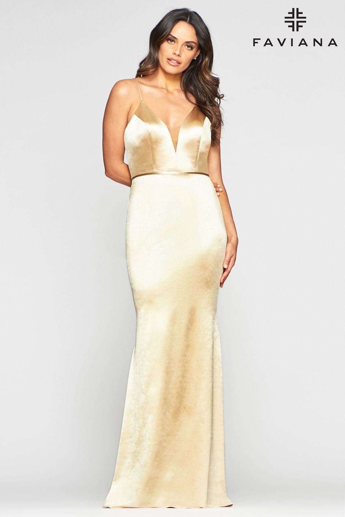 Stretch Satin Long Dress With Deep V Neck | Faviana Stretch Satin Long Dress With Deep V Neck | Faviana