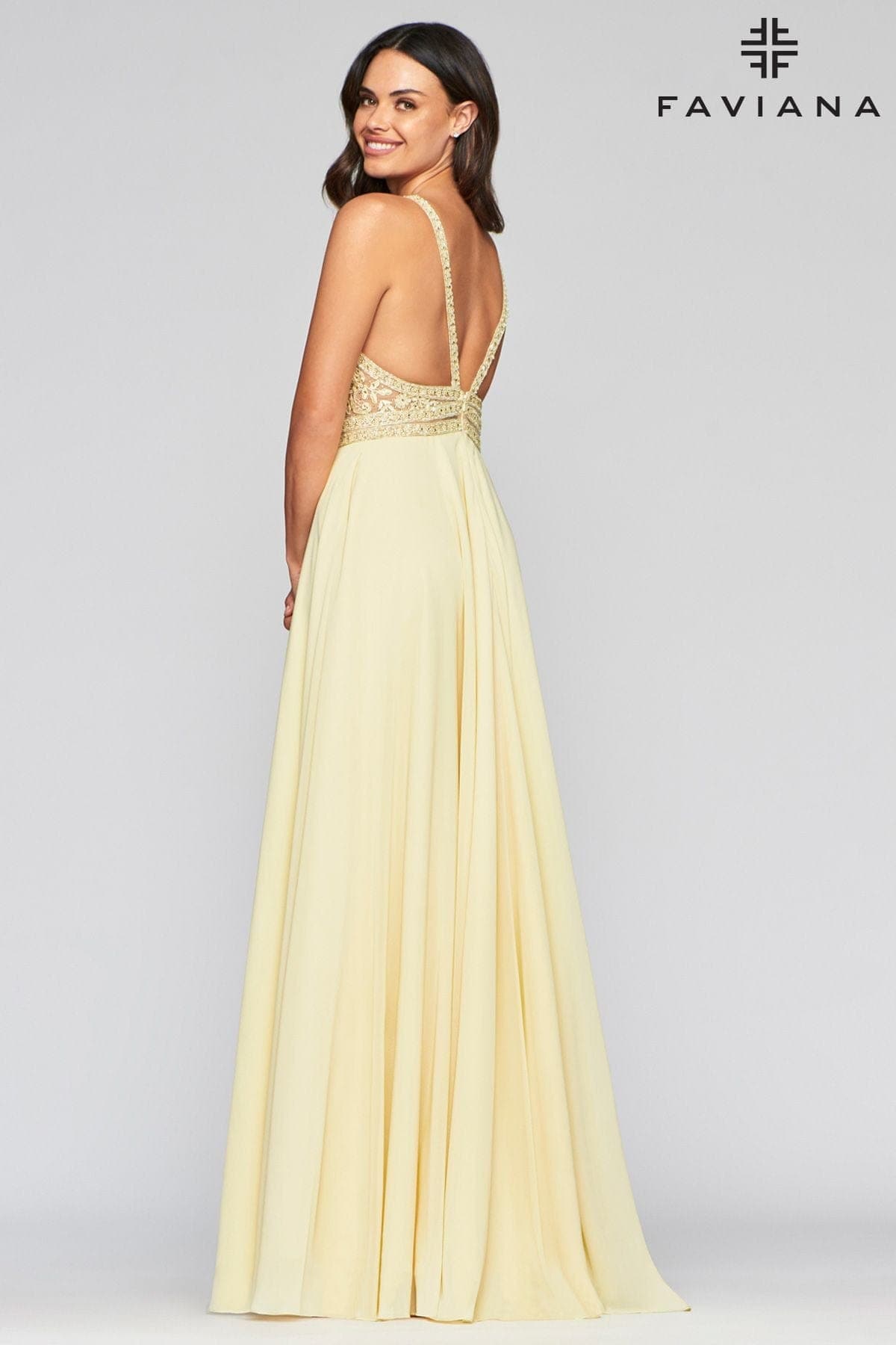 V Neckline Prom Dress With Chiffon Skirt And Mesh Paneling