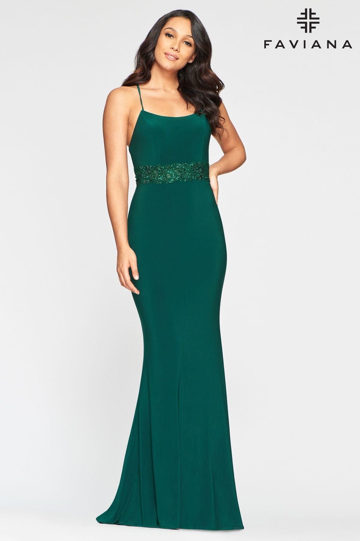 Long Jersey Dress With Beaded Waist Band And Lace Up Back | Faviana Long Jersey Dress With Beaded Waist Band And Lace Up Back | Faviana