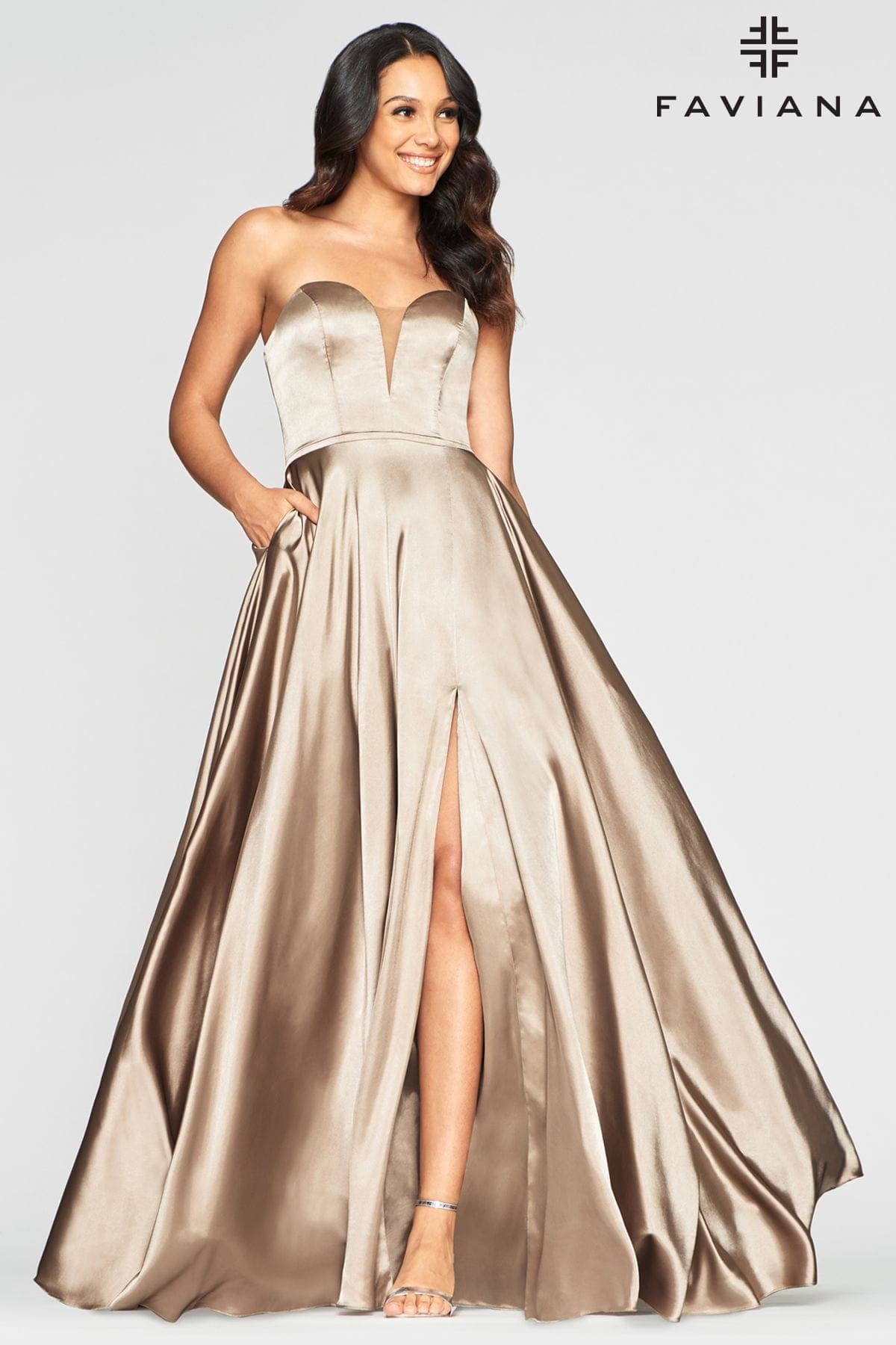 Long Strapless Satin Ball Gown Dress With Deep V Neck