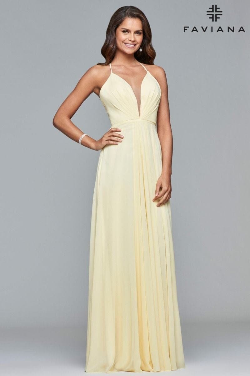 Chiffon V-Neck Evening Dress With Full Skirt And Lace-Up Back