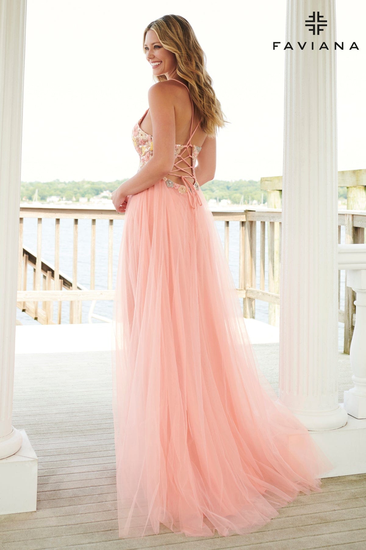 V-Neck Floral Sequin Prom Dress With Flowy Tulle Skirt | 11001