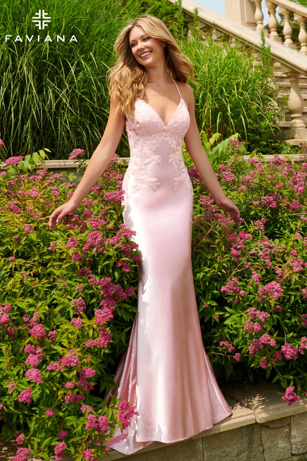 Satin Long Dress With Beaded Lace Appliqué | 11002