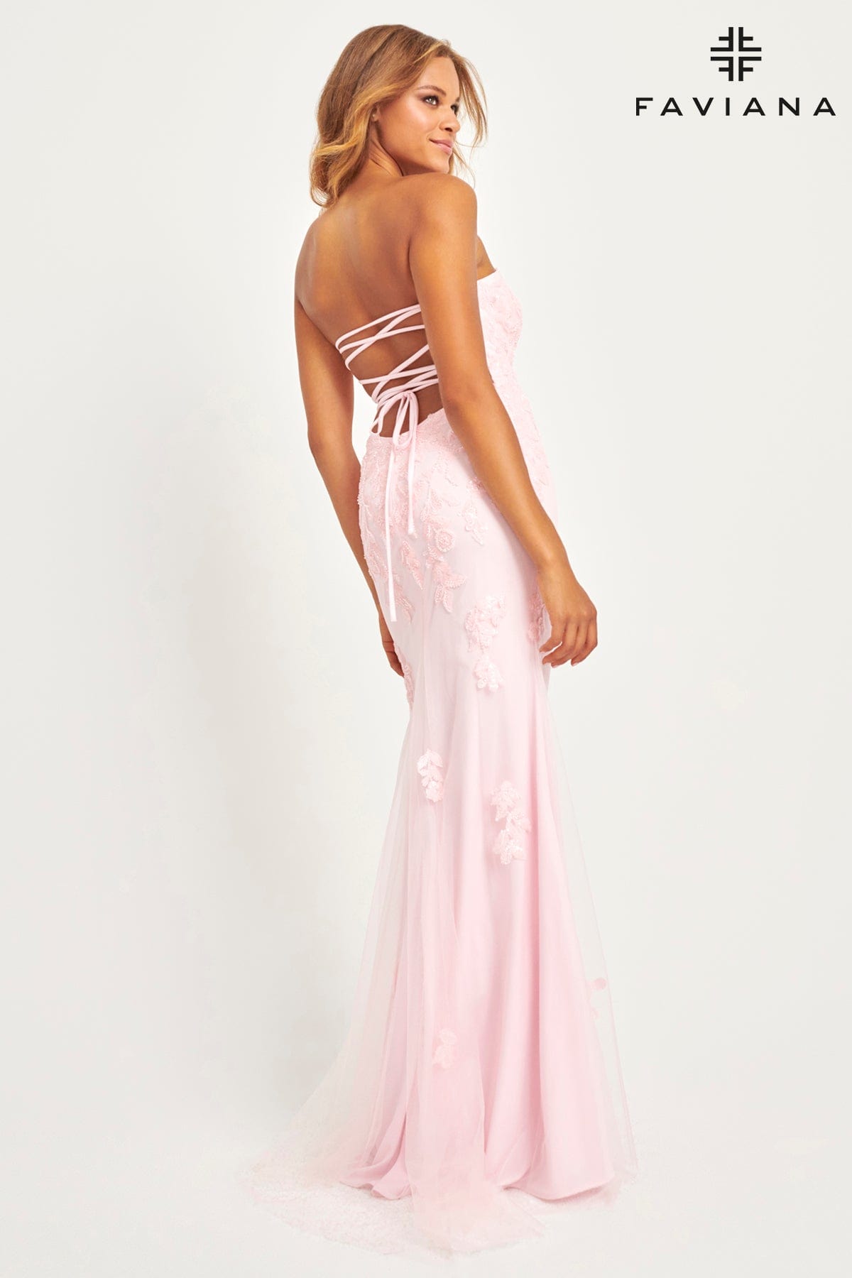 Strapless Light Pink Tulle And Lace Appliqué Dress For Prom | 11004