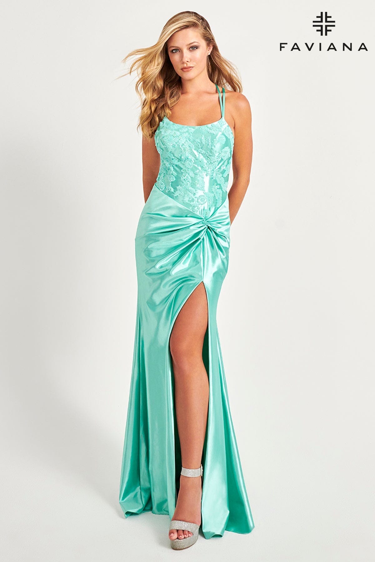 Satin Long Gown With Embellished Sequin Bustier And Knot Waist | 11005
