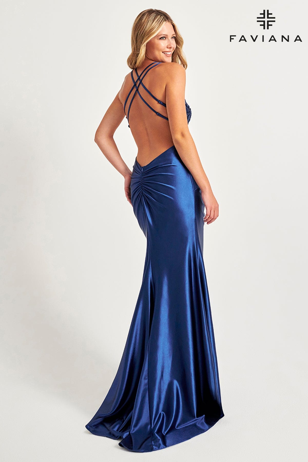 Navy Satin Long Gown With Embellished Sequin Bustier And Knot Waist | 11005