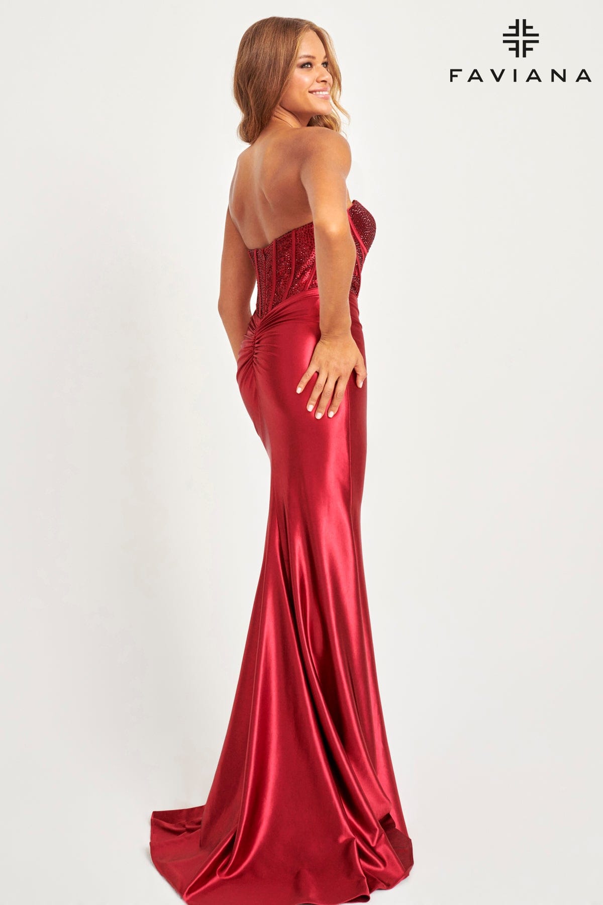 Red Strapless Bustier Dress With Hotfix Crystal Embellished Corset | 11006