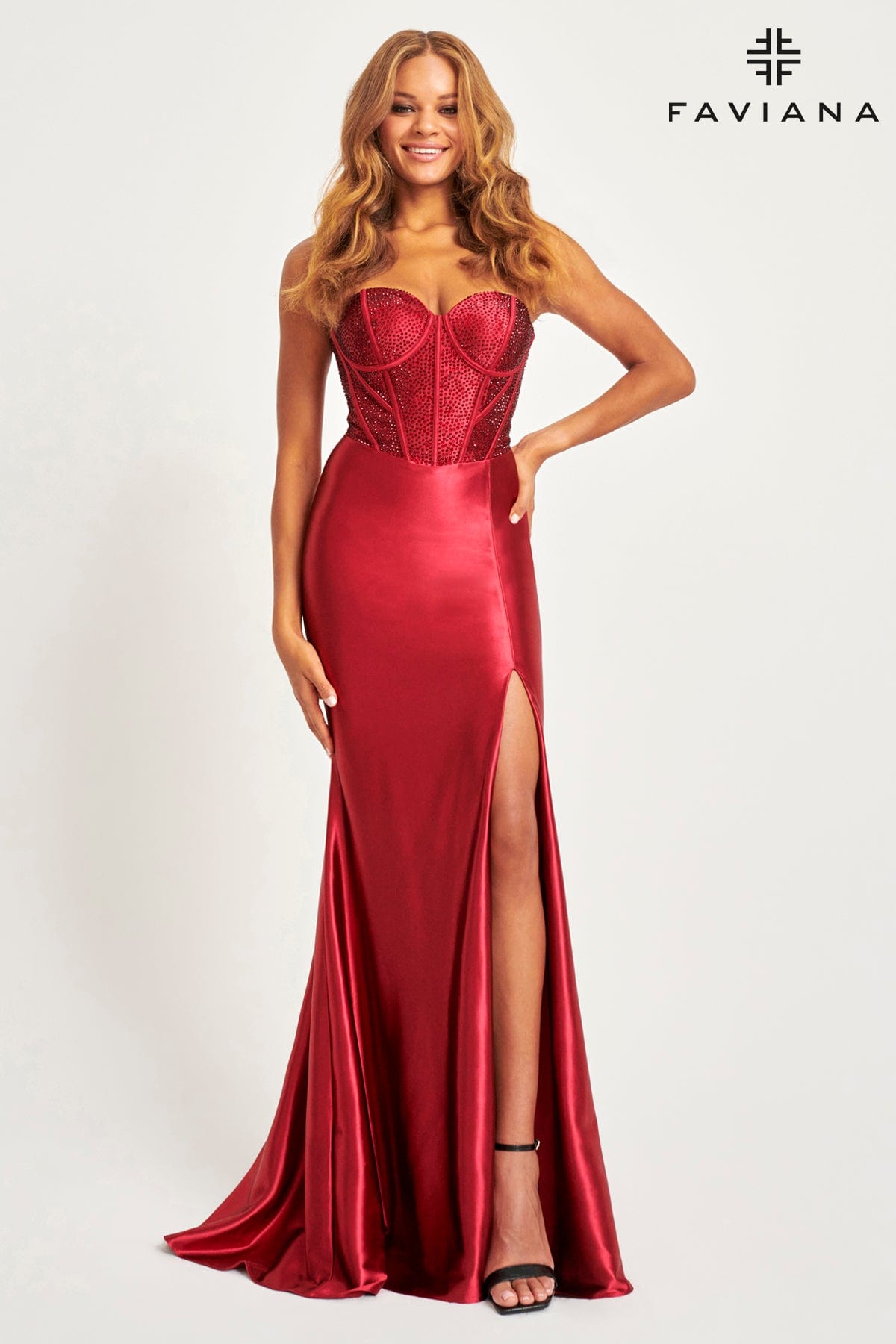 Red Strapless Bustier Dress With Hotfix Crystal Embellished Corset | 1 Red Strapless Bustier Dress With Hotfix Crystal Embellished Corset | 1