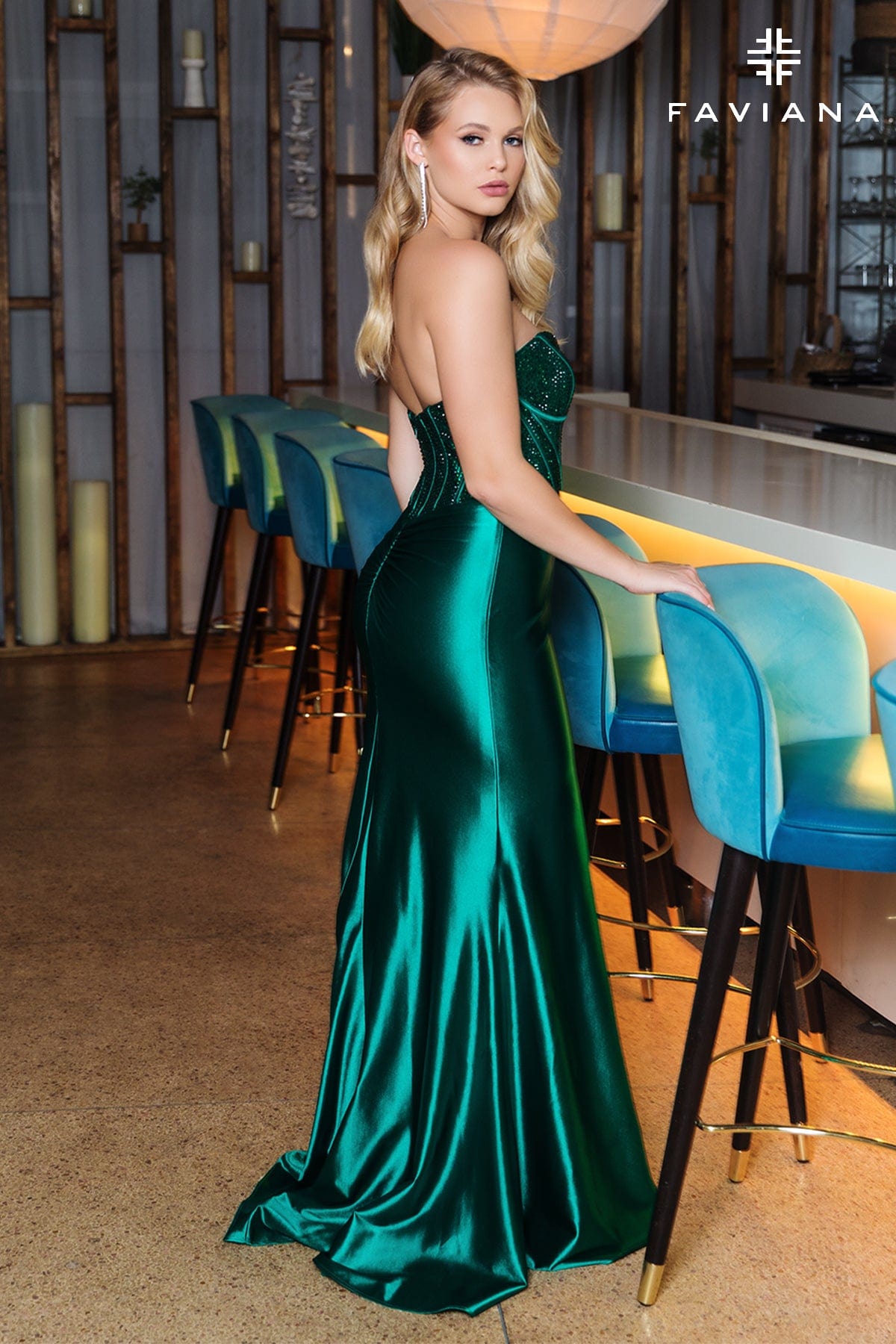 Dark Emerald Strapless Bustier Dress With Hotfix Crystal Embellished Corset | 11006