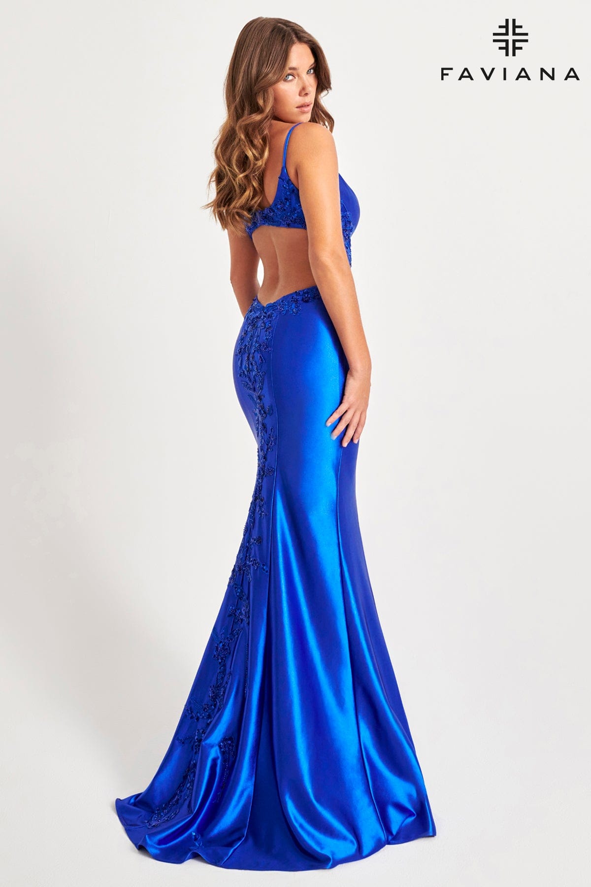 Peacock Shiny Satin Long Dress With Open Back And Beaded Lace Embellishment | 11007