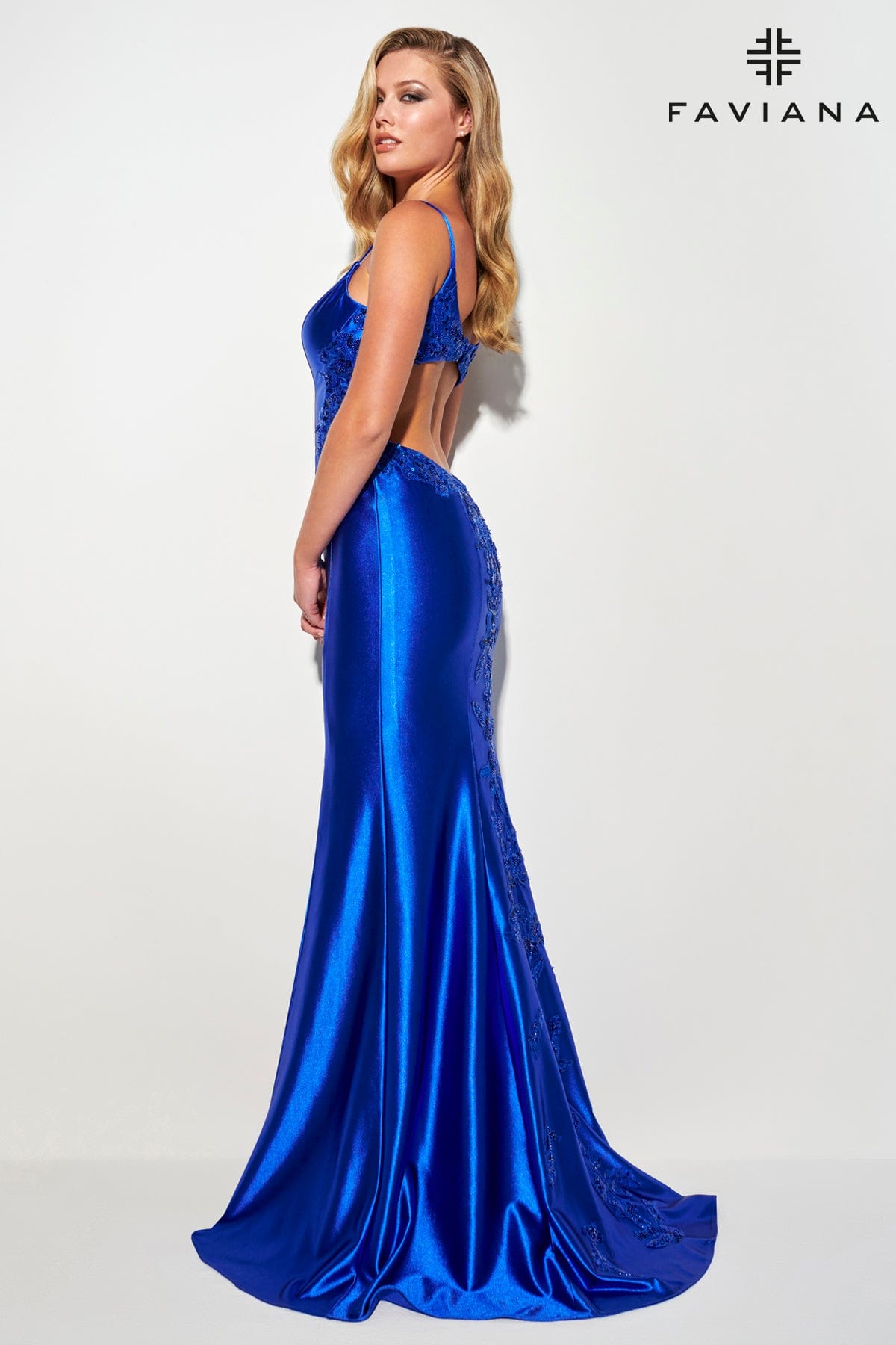 Royal Shiny Satin Long Dress With Open Back And Beaded Lace Embellishment | 11007