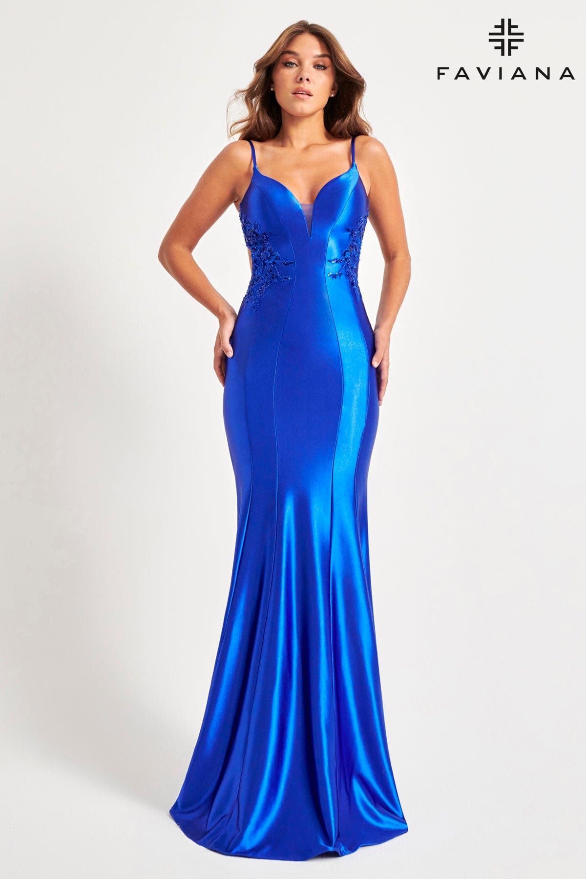 Royal Shiny Satin Long Dress With Open Back And Beaded Lace Embellishment | 11007