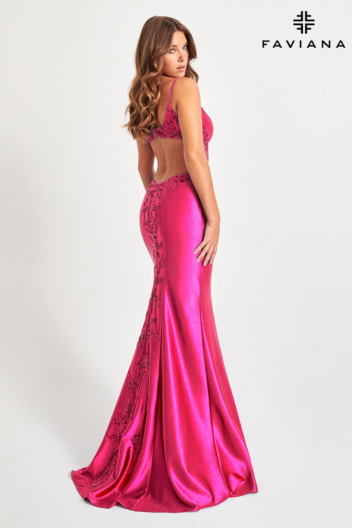 Shiny Satin Long Dress With Open Back And Beaded Lace Embellishment | 11007