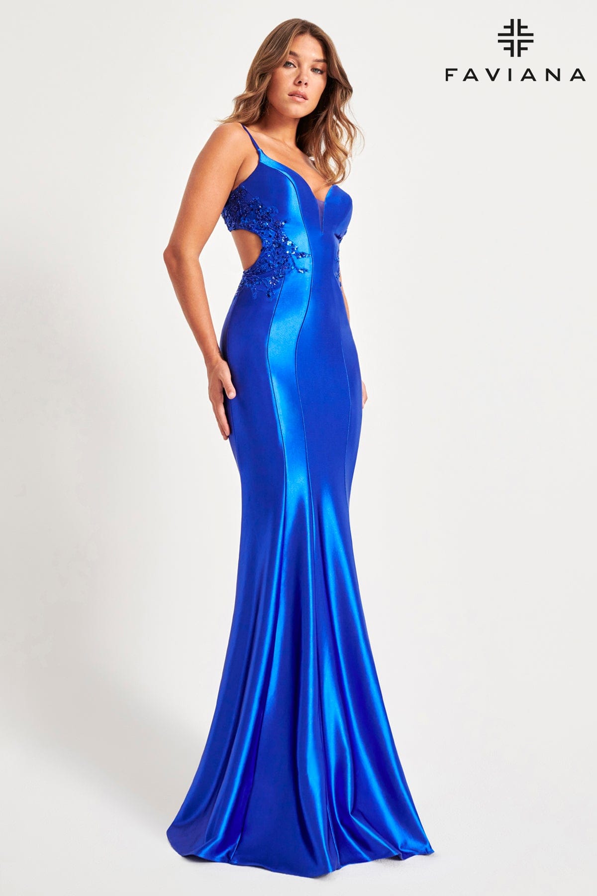 Shiny Satin Long Dress With Open Back And Beaded Lace Embellishment | 11007