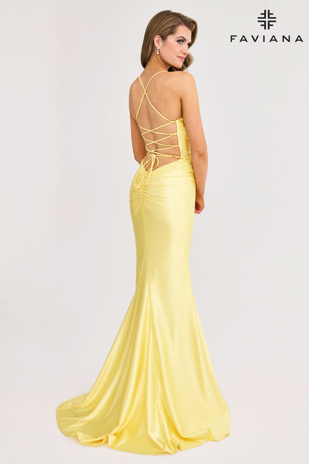 Yellow Sleek Satin V-Neck Dress For Prom With Beading And Lace-Up Back Yellow Sleek Satin V-Neck Dress For Prom With Beading And Lace-Up Back