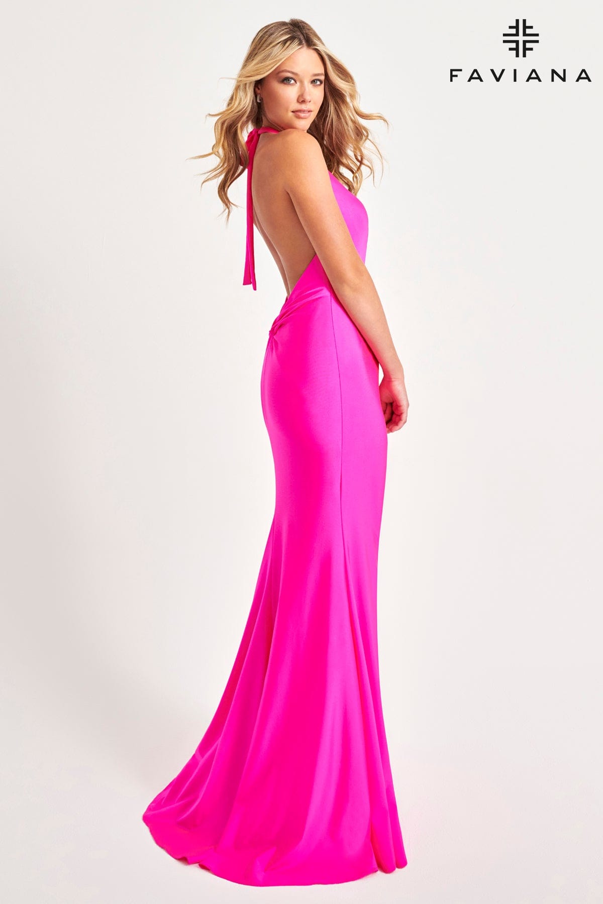 Hot Pink Halter Long Dress With Knot Detail | 11014