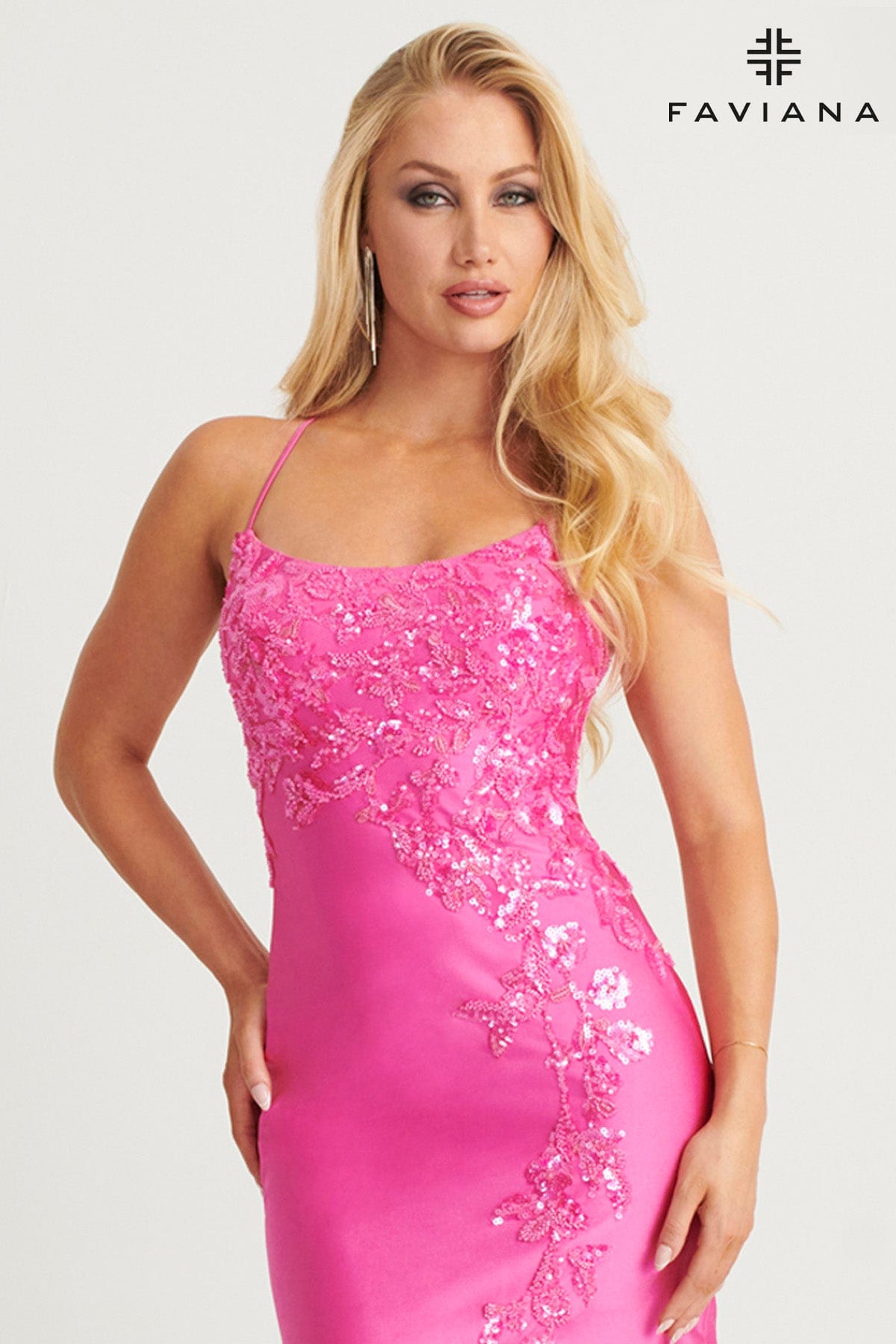 Pink Scoop Neck Gown With Sequin Applique And Lace-Up Back | 11017