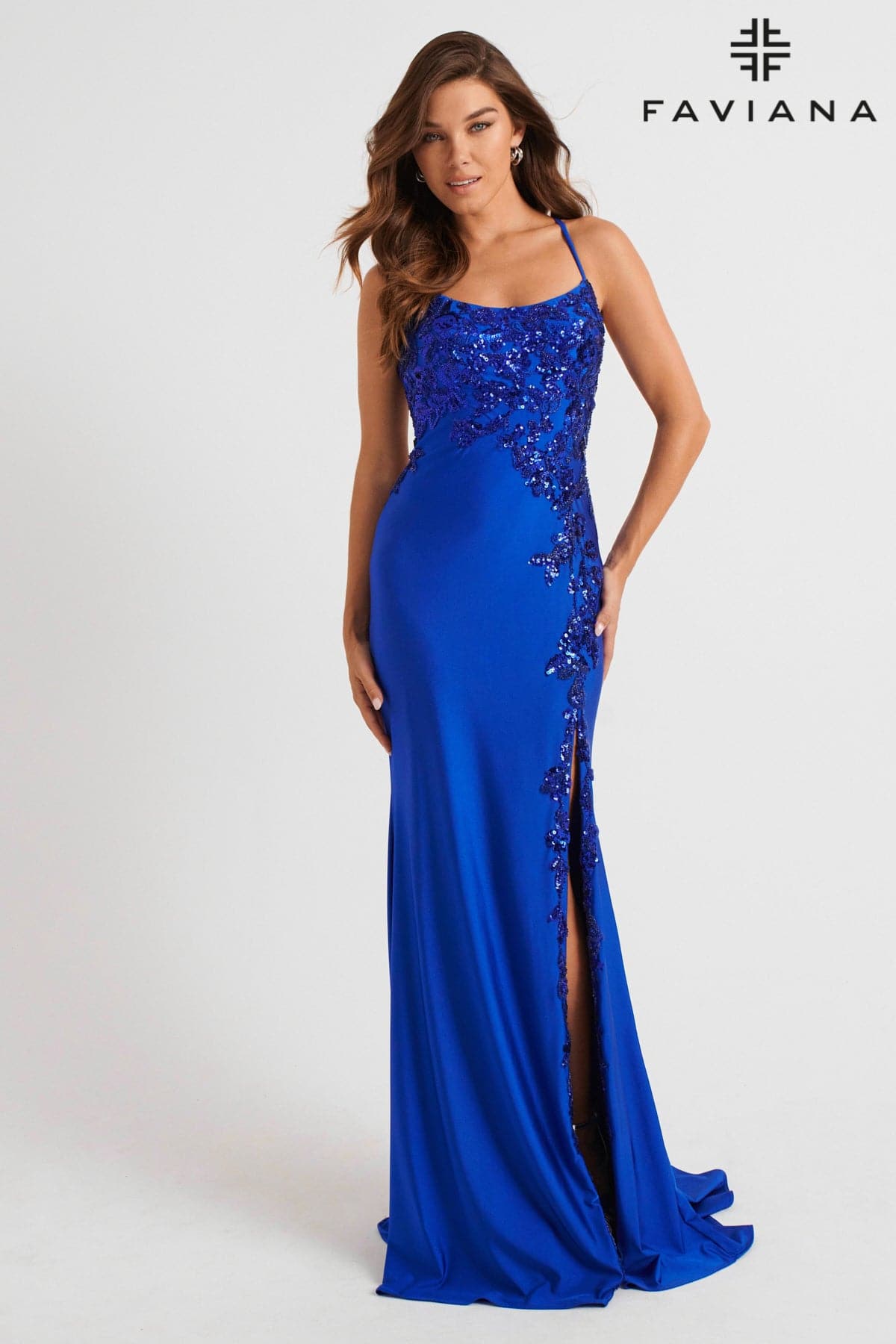 Scoop Neck Gown With Sequin Applique And Lace-Up Back | 11017