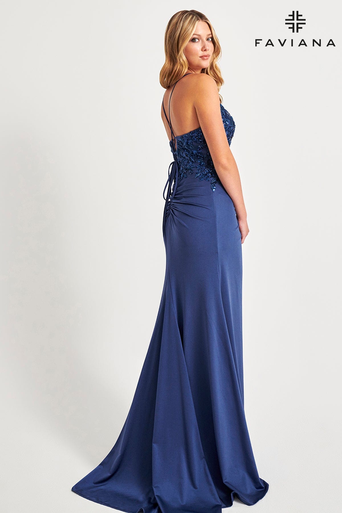 Navy V-Neck Gown With Wrap-Over Skirt & Sequin Appliqué in Extended Sizing | 11018E