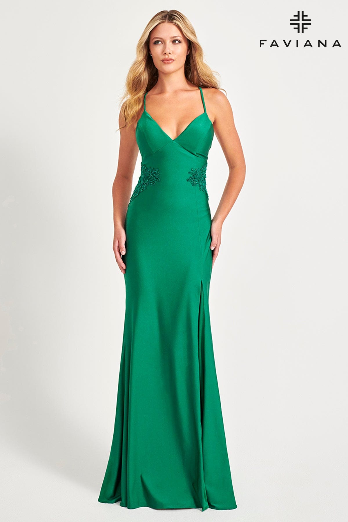 Dark Emerald V-Neck Lace Up Back Long Dress With Beaded Lace At Waist And Skirt | 11020