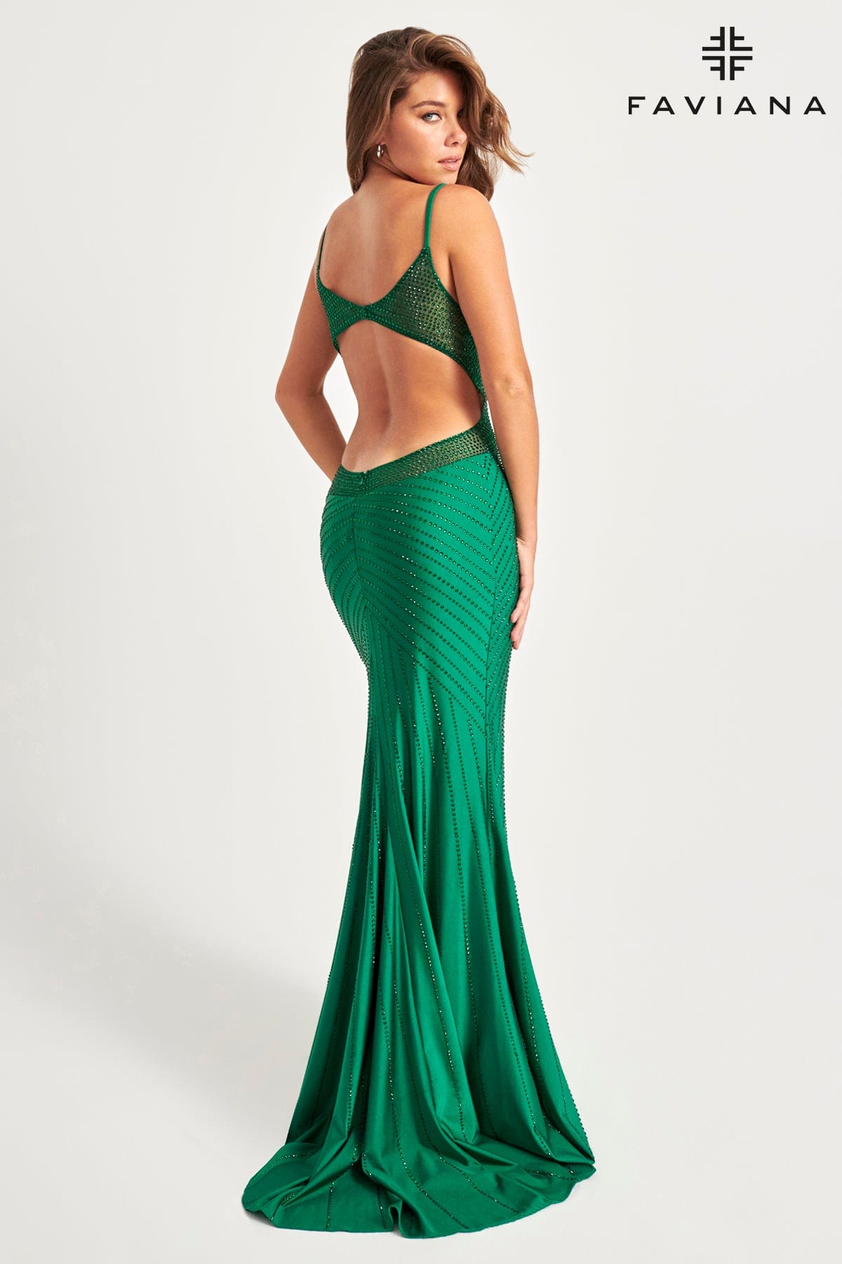Open Back Long Rhinestone Prom Dress With Flattering Linear Design | 11022