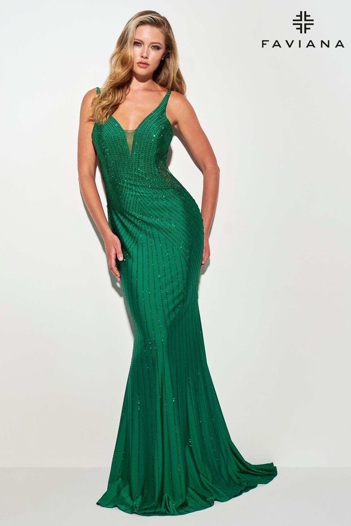 Open Back Long Rhinestone Prom Dress With Flattering Linear Design | 11022