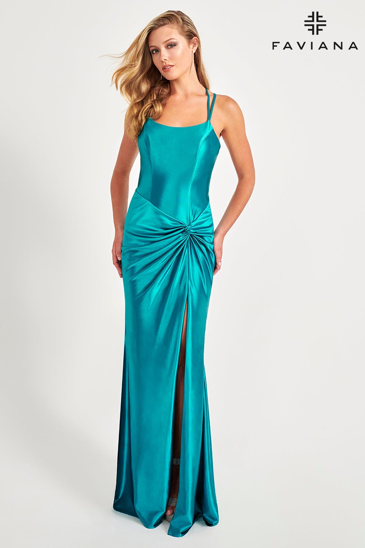 Sleek Satin Evening Dress With Scoop Neck And Knot Waist | 11024 Sleek Satin Evening Dress With Scoop Neck And Knot Waist | 11024