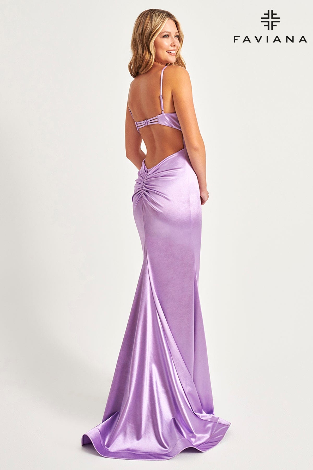 Long Lilac Satin Prom Dress With V-Neck Detail And Open Back | 11025 Long Lilac Satin Prom Dress With V-Neck Detail And Open Back | 11025