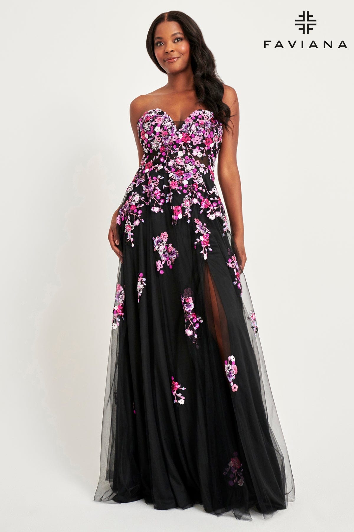 Strapless Corset Dress With Flowy Tulle Skirt And Floral Applique | 11028