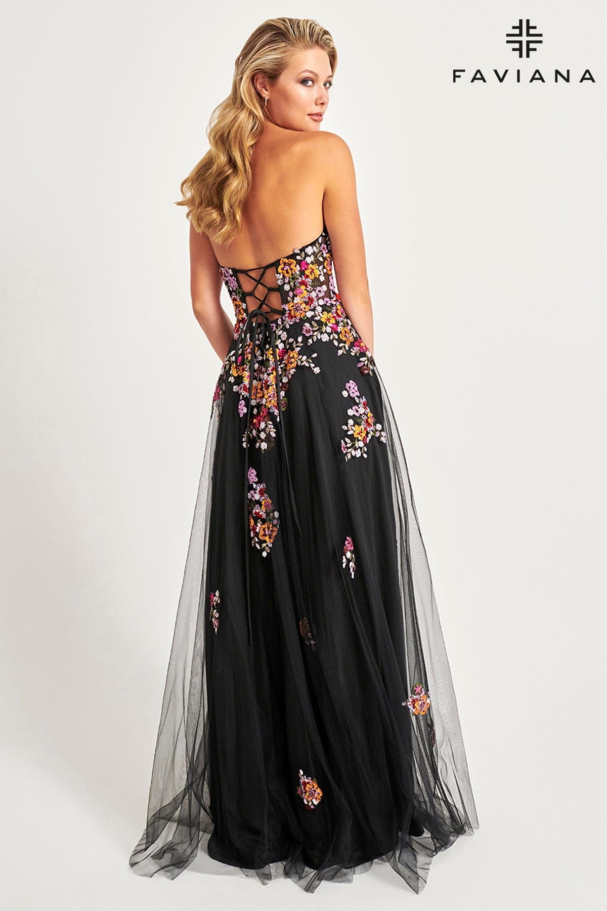 Sunburst Strapless Corset Dress With Flowy Tulle Skirt And Floral Applique | 11028