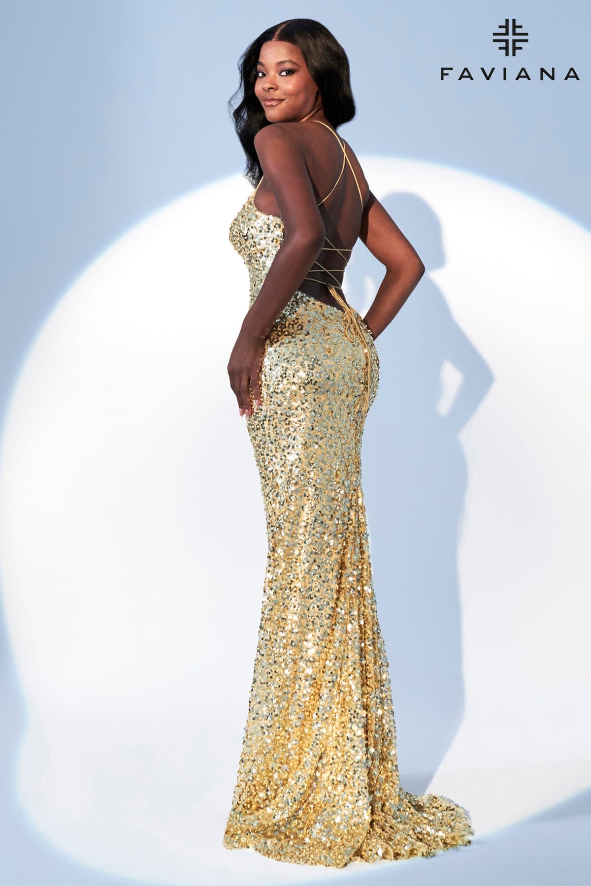 gold sequin scoop back dress Primavera Couture 3290 Size 10 Gold Prom Dress Sequin Backless