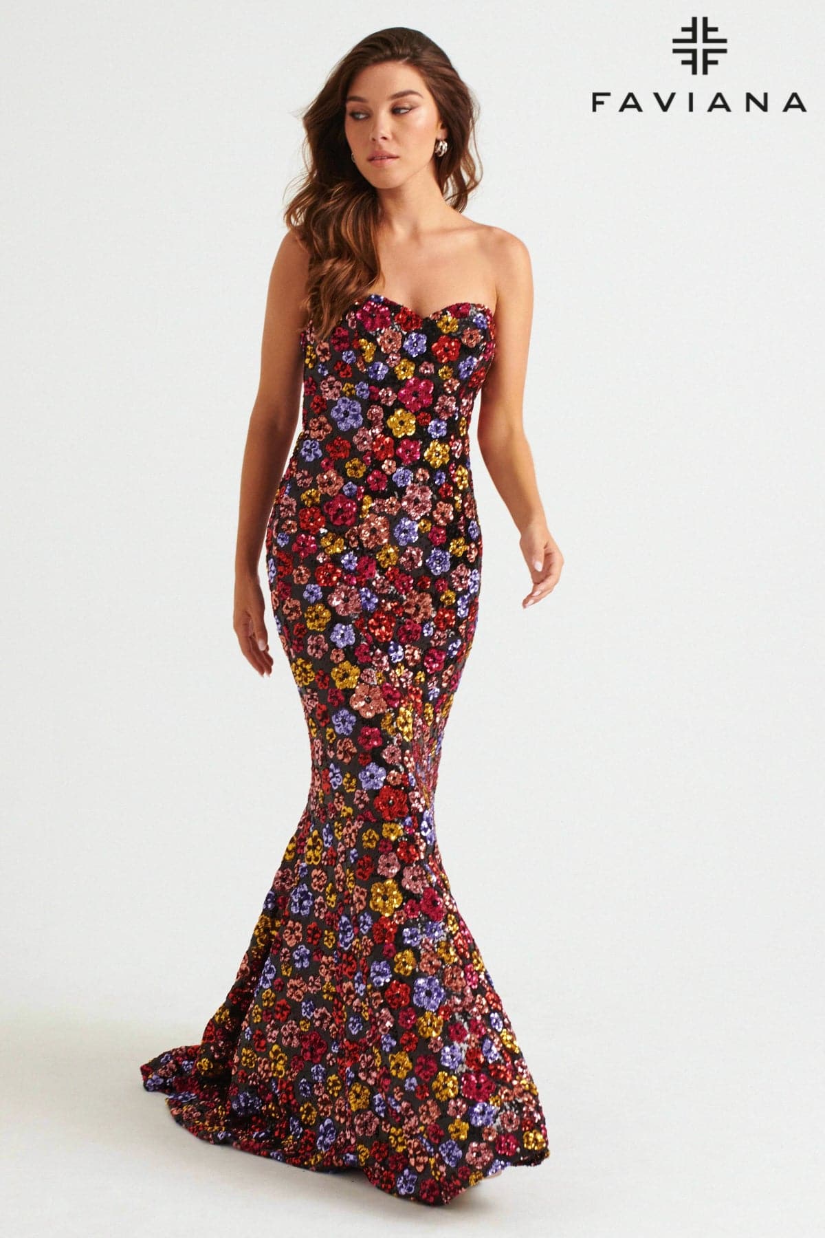 Strapless Sequin Mermaid Dress With Colorful Floral Design | 11036