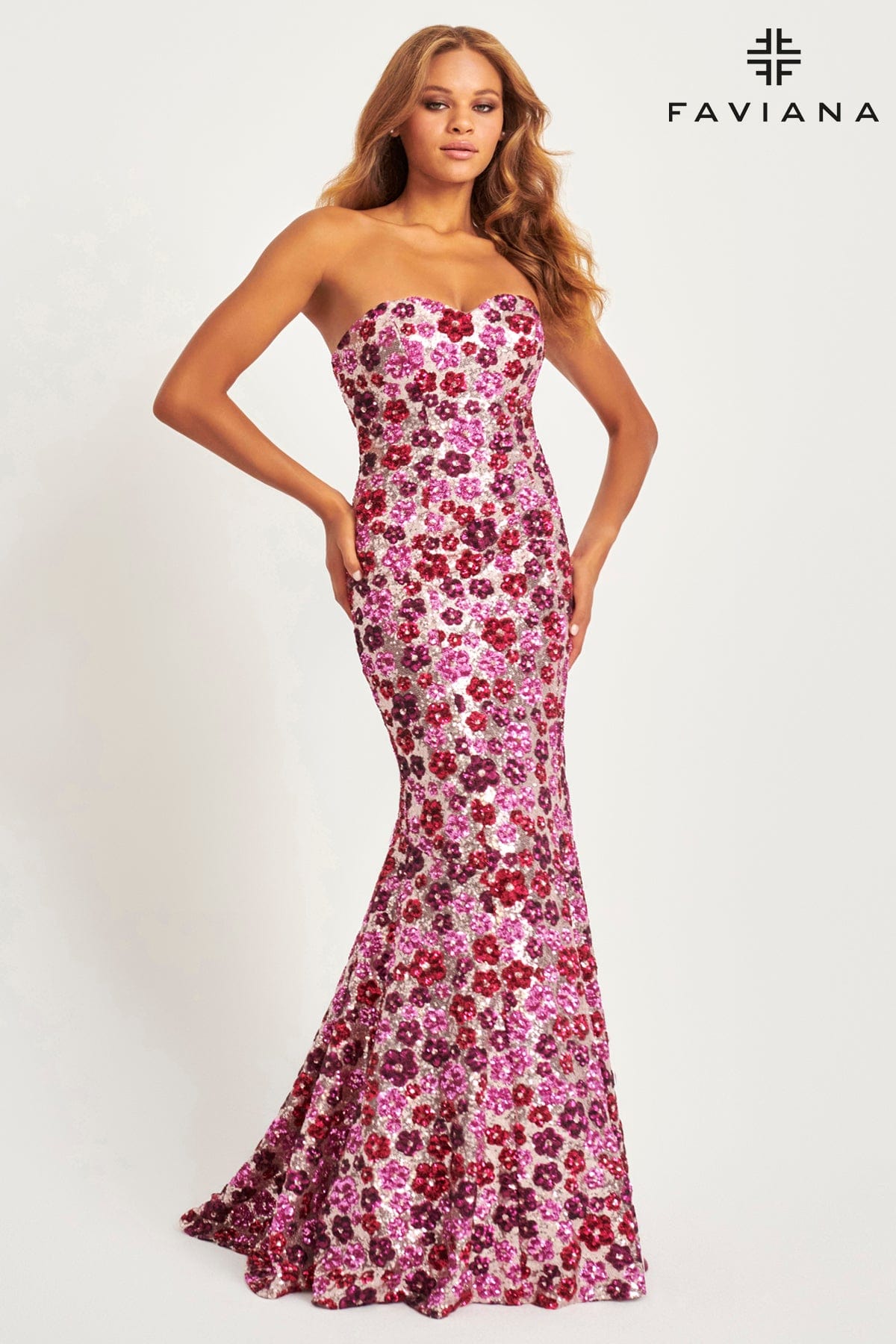 Strapless Sequin Mermaid Dress With Colorful Floral Design | 11036 Strapless Sequin Mermaid Dress With Colorful Floral Design | 11036