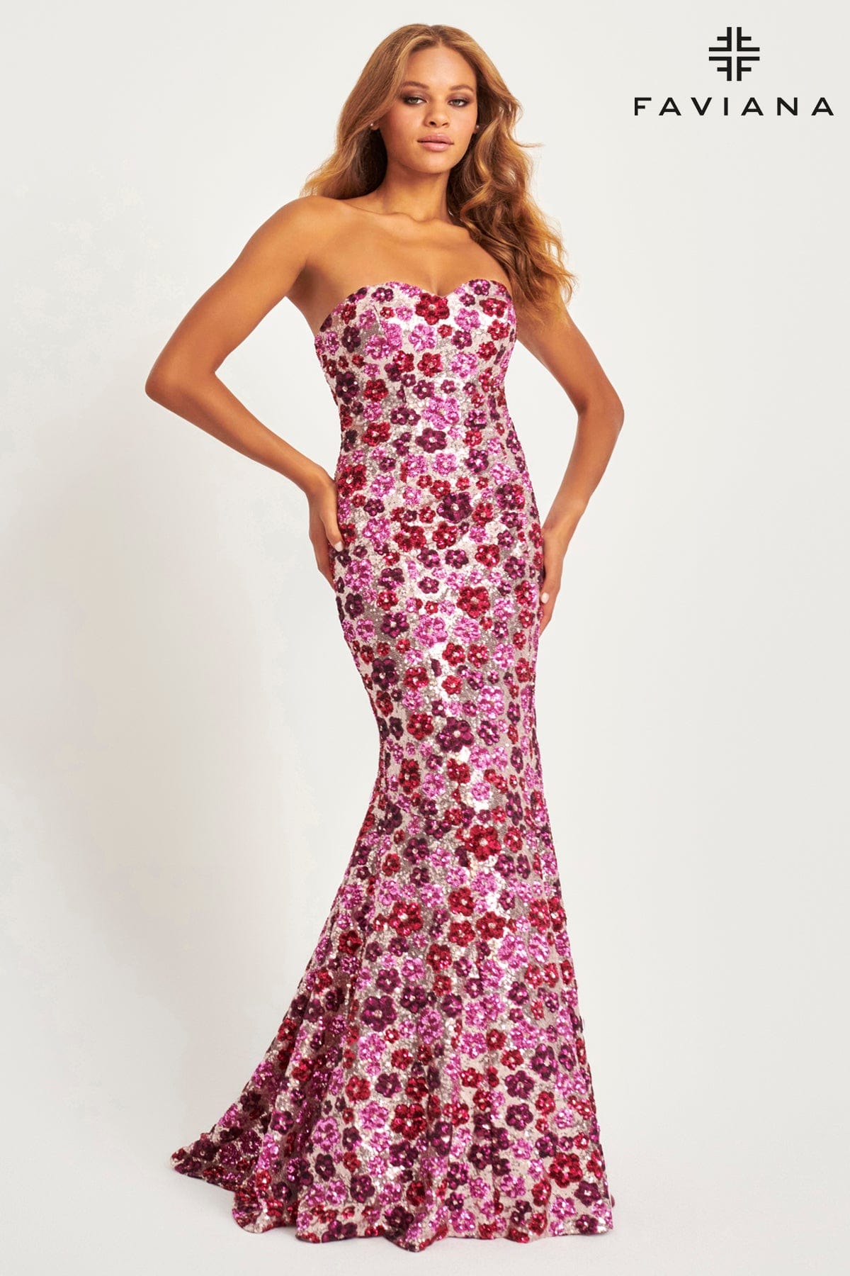 Strapless Sequin Mermaid Dress With Colorful Floral Design | 11036