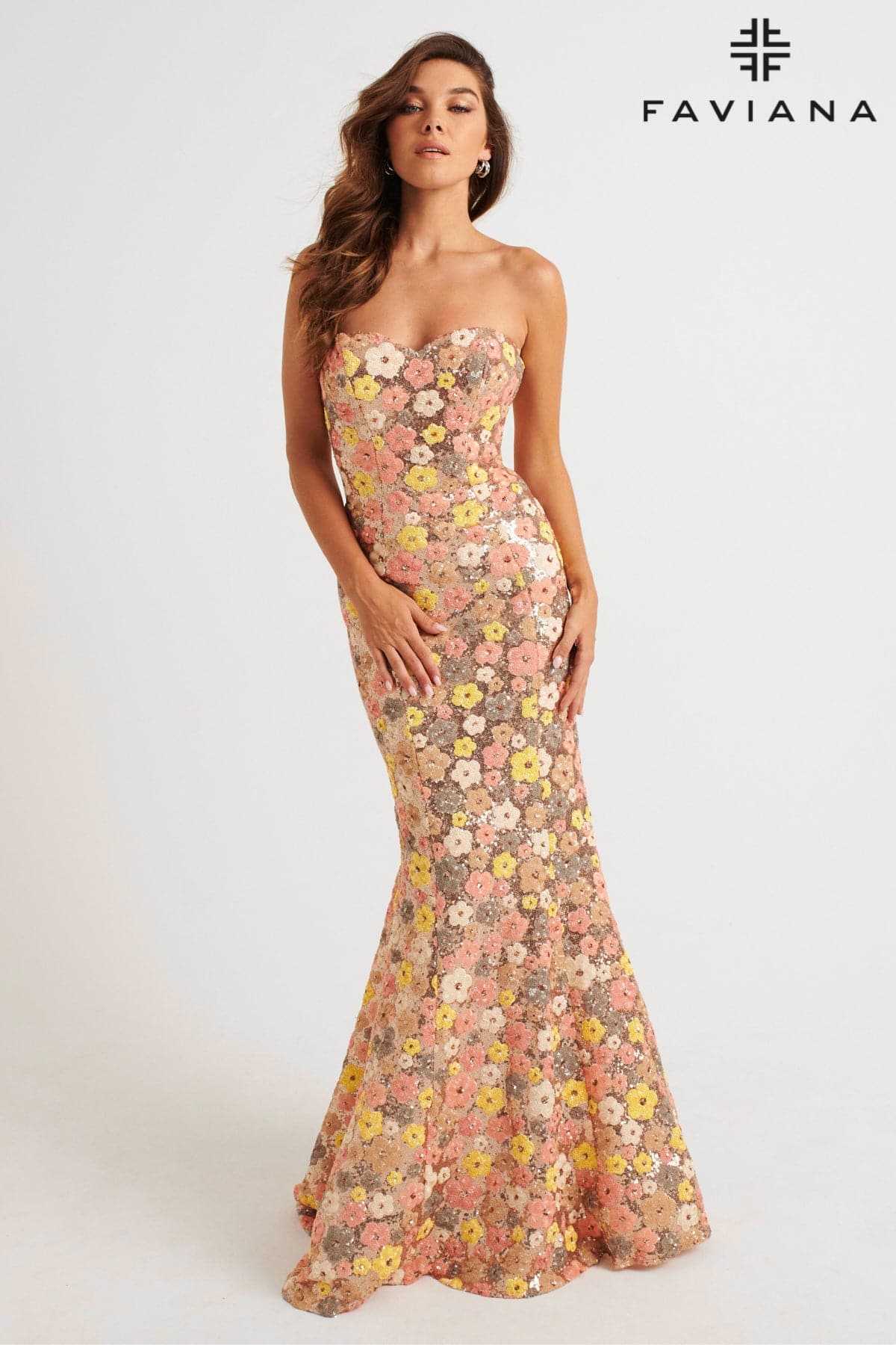 Strapless Sequin Mermaid Dress With Colorful Floral Design | 11036