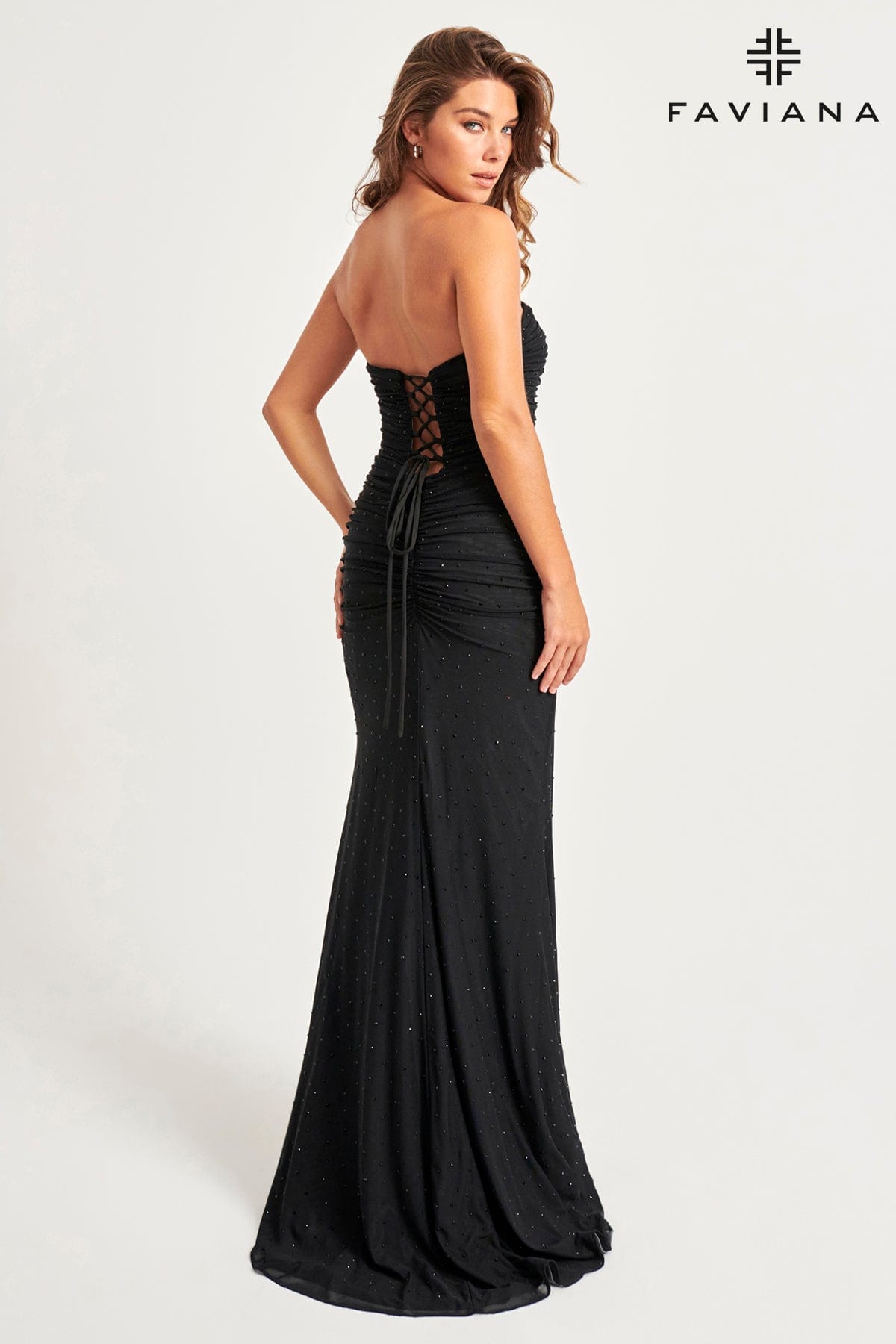 Black Strapless Mesh Dress With Exposed Corset Boning And Sparkly Crystals | 11040