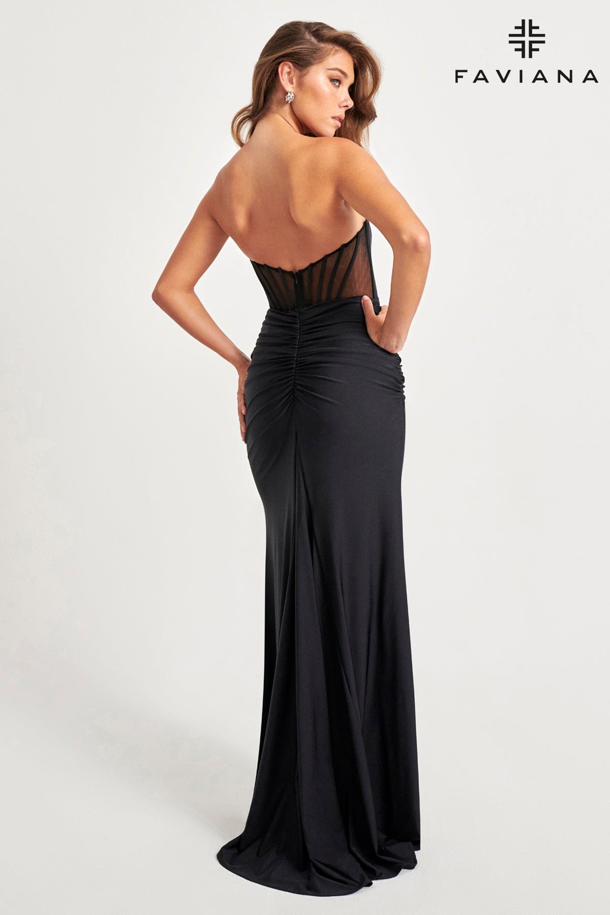 Sleek Black Strapless Formal Gown With Corset Boning And Ruching | 11041