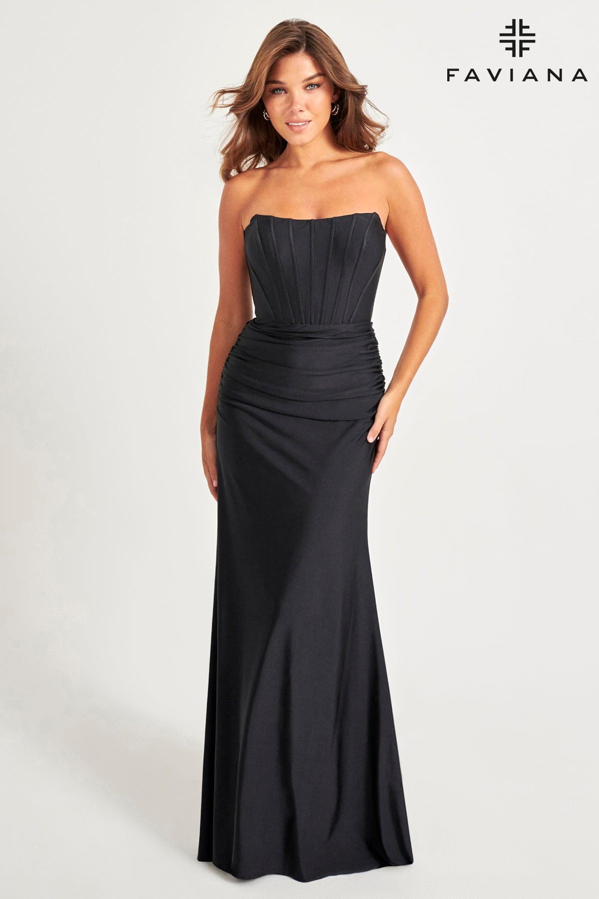 Sleek Black Strapless Formal Gown With Corset Boning And Ruching